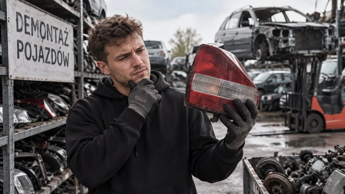 Pracownik stacji demontażu pojazdów oglądający używaną lampę tylną przed wystawieniem na sprzedaż