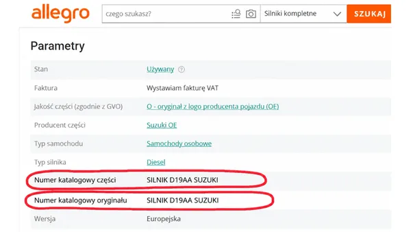 Produktyzacja Allegro: parametry oferty używanego silnika z zaznaczonym numerem katalogowym części i numerem oryginału