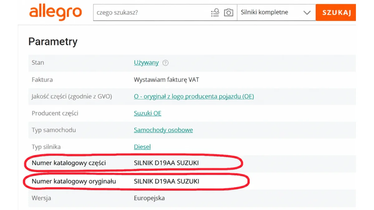 Produktyzacja Allegro: parametry oferty używanego silnika z zaznaczonym numerem katalogowym części i numerem oryginału