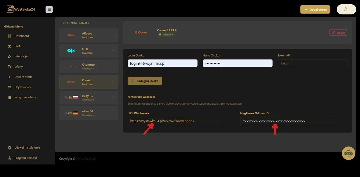 Panel Wystawka24, zakładka Integracje Ovoko: konfiguracja webhooka z polami URL Webhooka i Nagłówek X-User-ID
