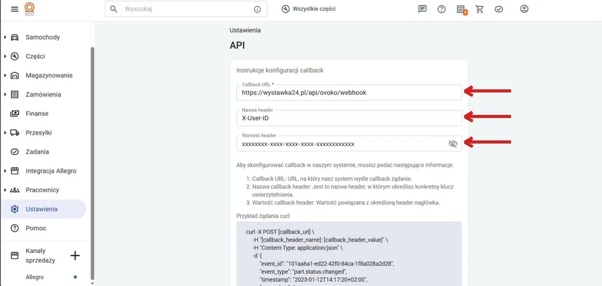 Panel Ovoko, widok konfiguracji callback API: pola Callback URL, Nazwa header i Wartość header uzupełnione danymi z Wystawki24