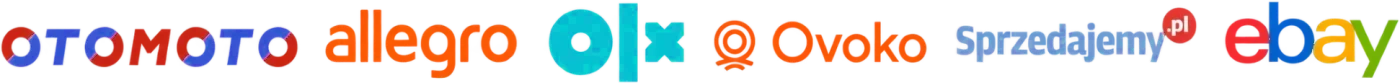Logotypy sześciu platform: Allegro, Otomoto, OLX, Ovoko, eBay i Sprzedajemy.pl