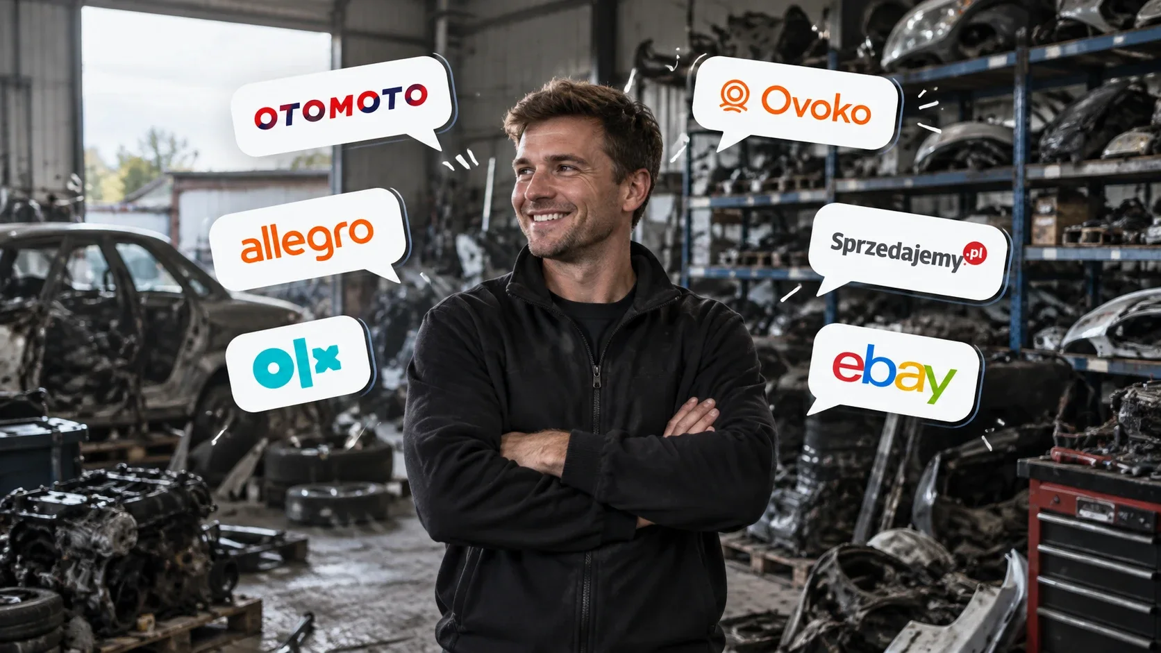 Sprzedawca części samochodowych w magazynie, wokół niego logotypy Allegro, Otomoto, OLX, Ovoko, Sprzedajemy.pl i eBay